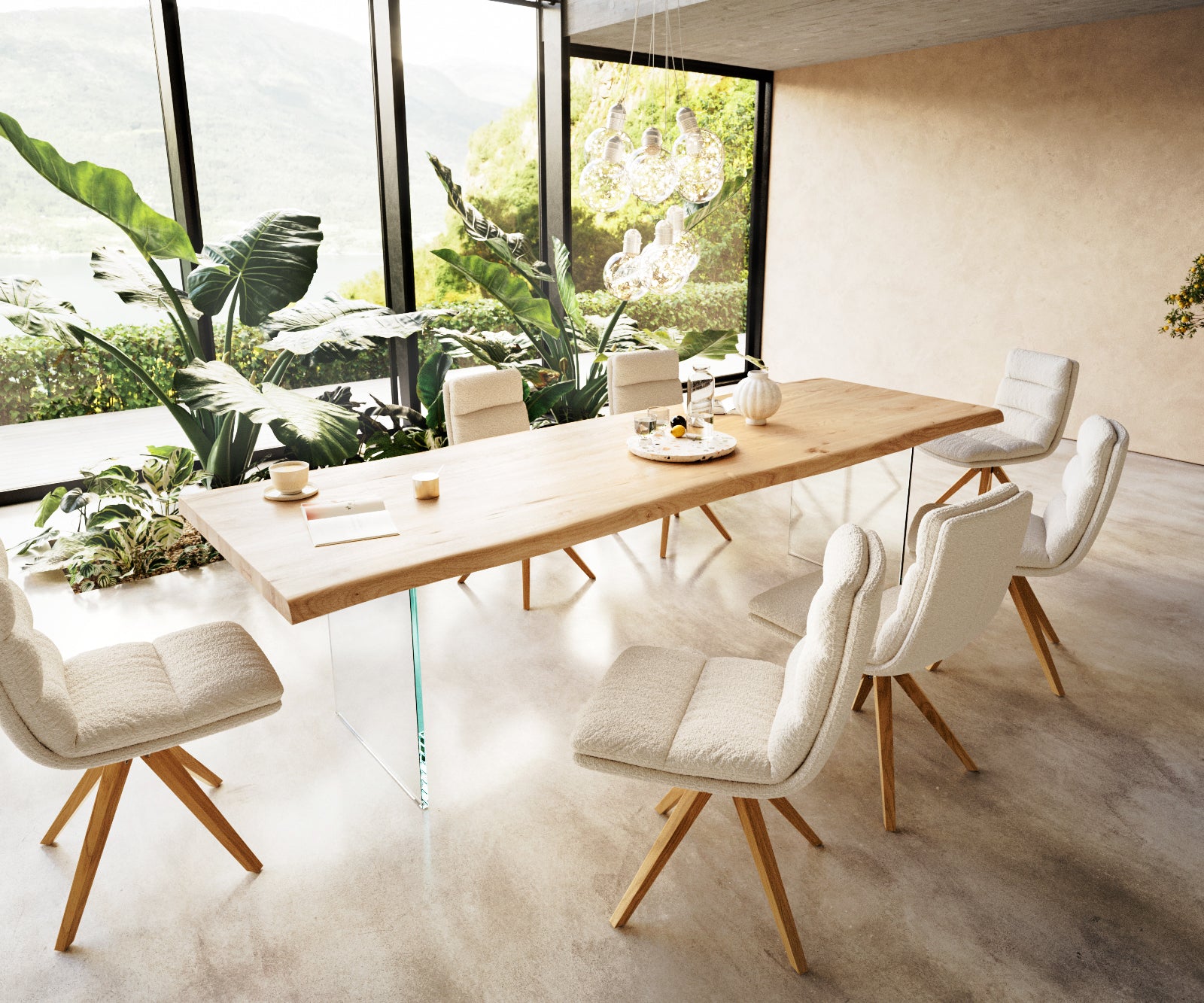 Dining Table Olympus Live Edge 300cm Oak Wood Natural Glass Frame 50mm Top