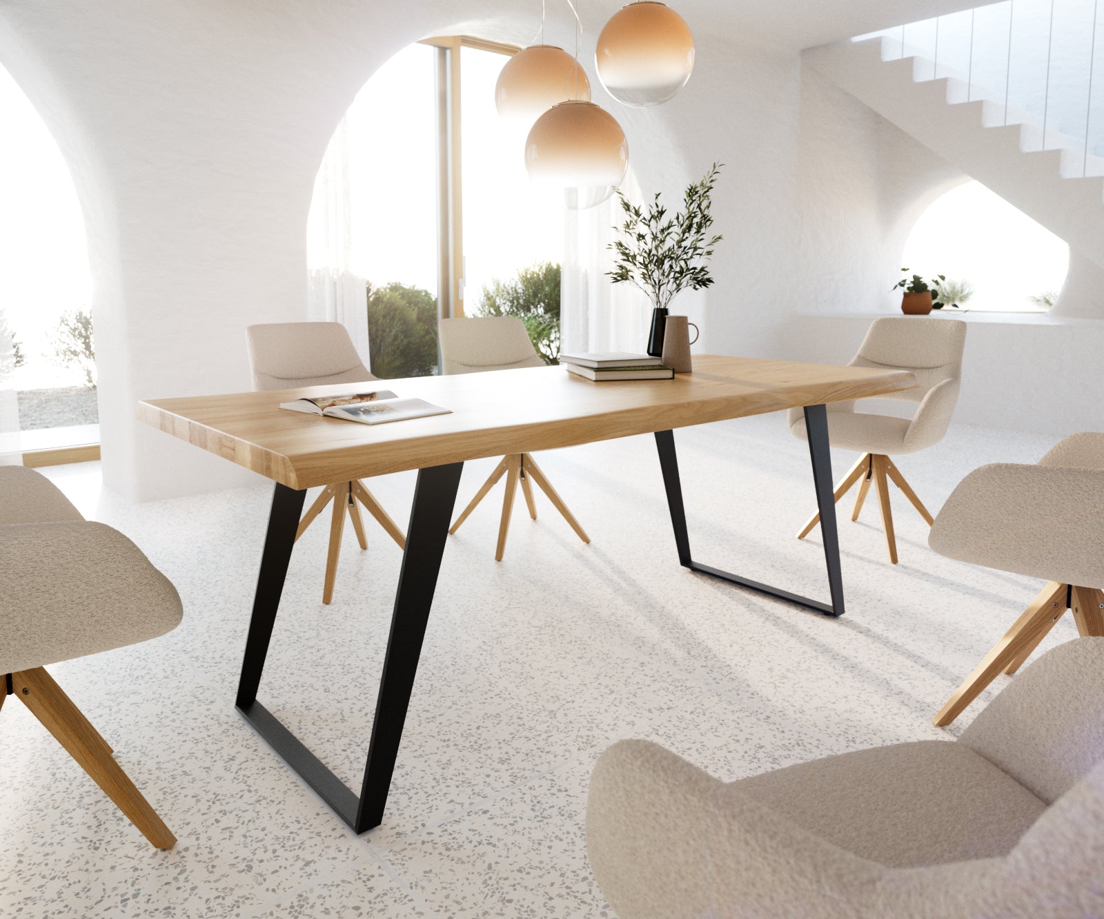 Dining Table Olympus Live Edge Oak Wood Natural Slanted Frame Black 160-300cm