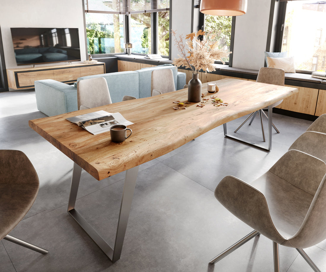 Dining Table Olympus Live Edge 280cm Acacia Wood Natural Slanted Frame Steel 55mm Top