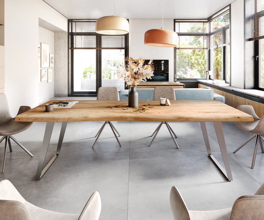 Dining Table Olympus Live Edge 280cm Acacia Wood Natural Slanted Frame Steel 55mm Top