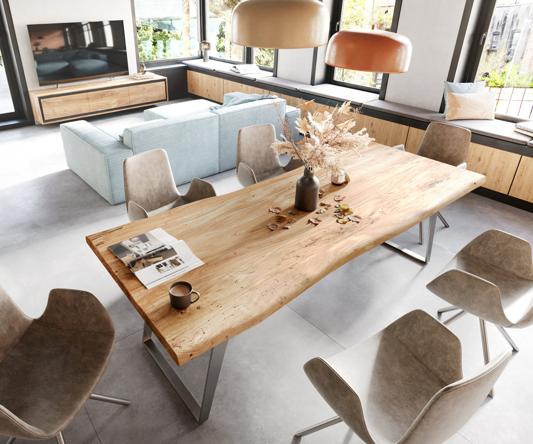 Dining Table Olympus Live Edge 280cm Acacia Wood Natural Slanted Frame Steel 55mm Top