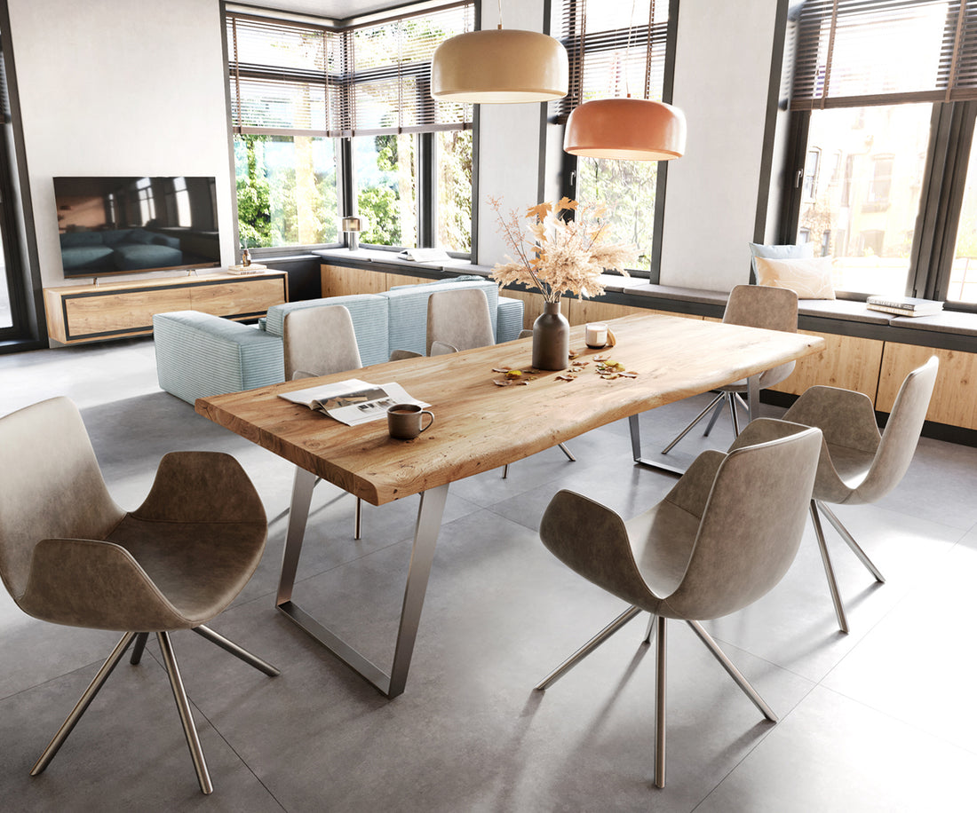 Dining Table Olympus Live Edge 280cm Acacia Wood Natural Slanted Frame Steel 55mm Top