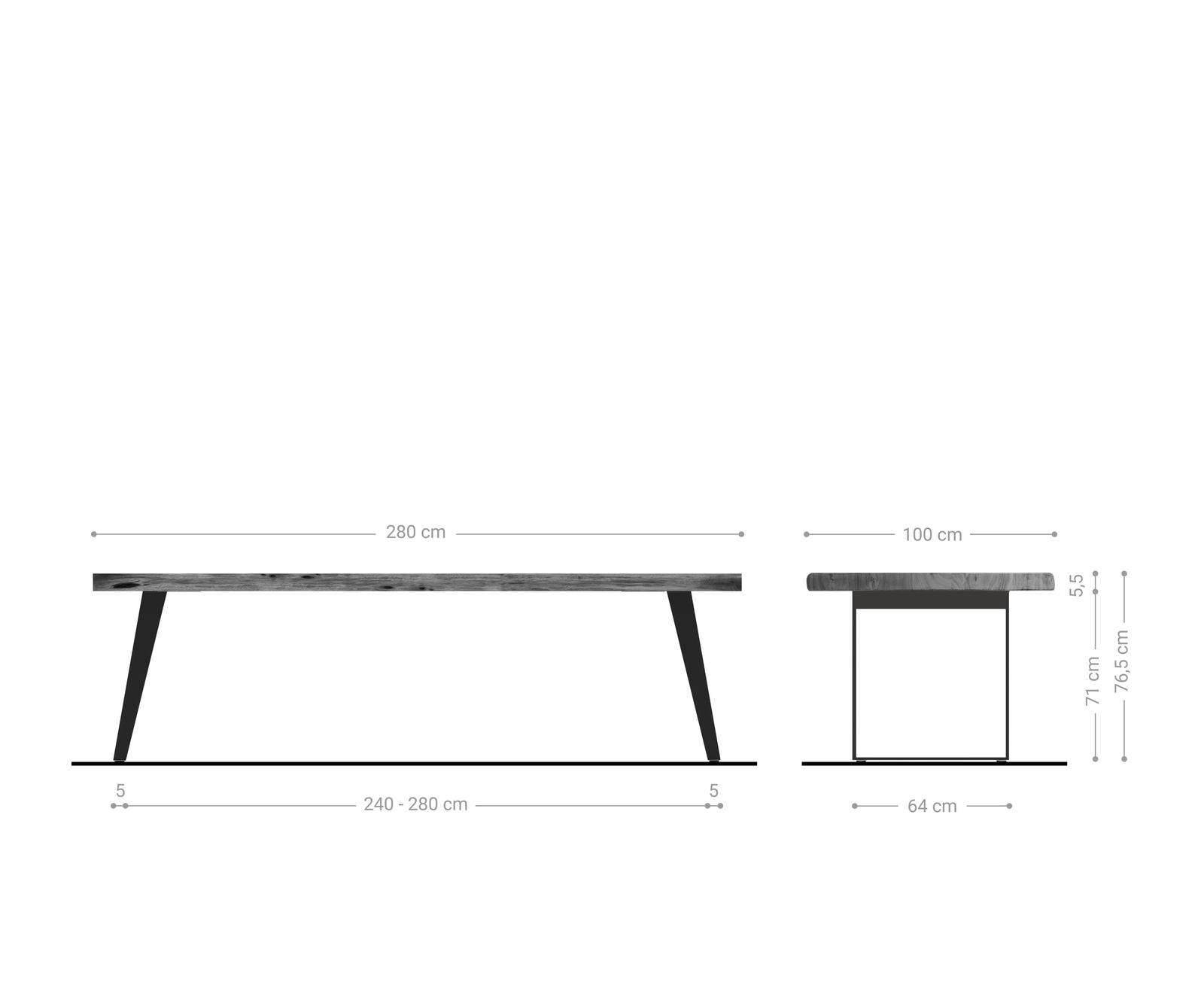Dining Table Olympus Live Edge 280cm Acacia Wood Natural Slanted Frame Steel 55mm Top