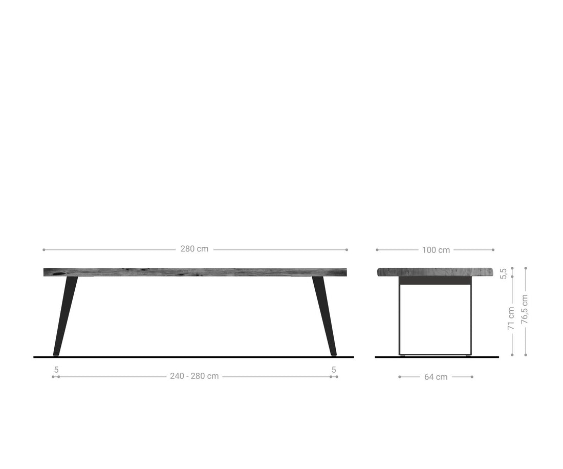 Dining Table Olympus Live Edge 280cm Acacia Wood Natural Slanted Frame Steel 55mm Top