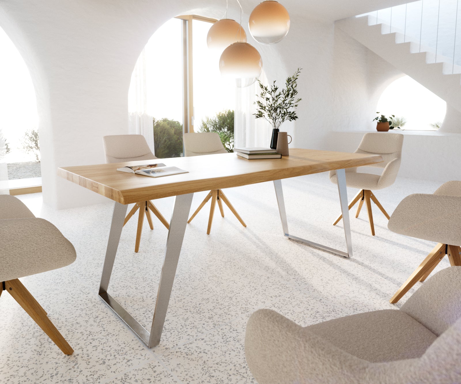 Dining Table Olympus Live Edge Oak Wood Natural Slanted Frame Steel 160-300cm