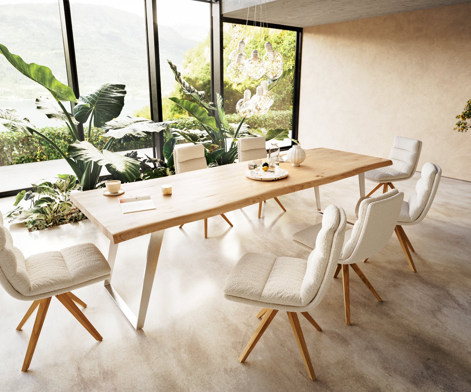 Dining Table Olympus Live Edge 300cm Oak Wood Natural Slanted Frame Steel 50mm Top