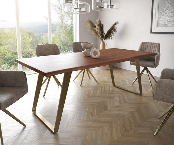 Dining Table Olympus Live Edge Acacia Wood Brown Slanted Frame Gold 200cm