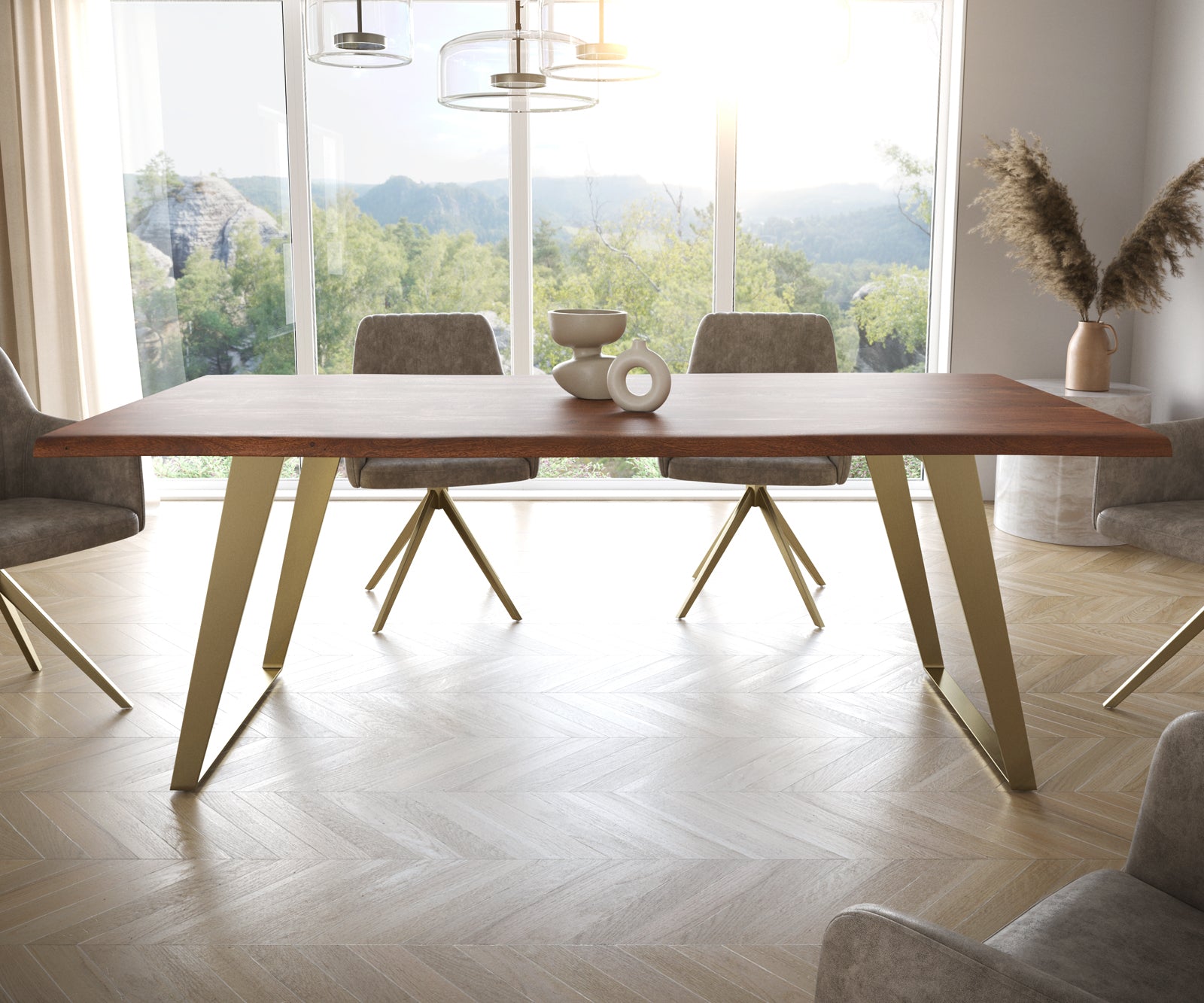 Dining Table Olympus Live Edge 200cm Acacia Wood Brown Slanted Frame Gold 35mm Top