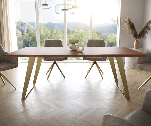 Dining Table Olympus Live Edge 200cm Acacia Wood Brown Slanted Frame Gold 35mm Top