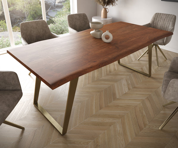 Dining Table Olympus Live Edge 200cm Acacia Wood Brown Slanted Frame Gold 35mm Top