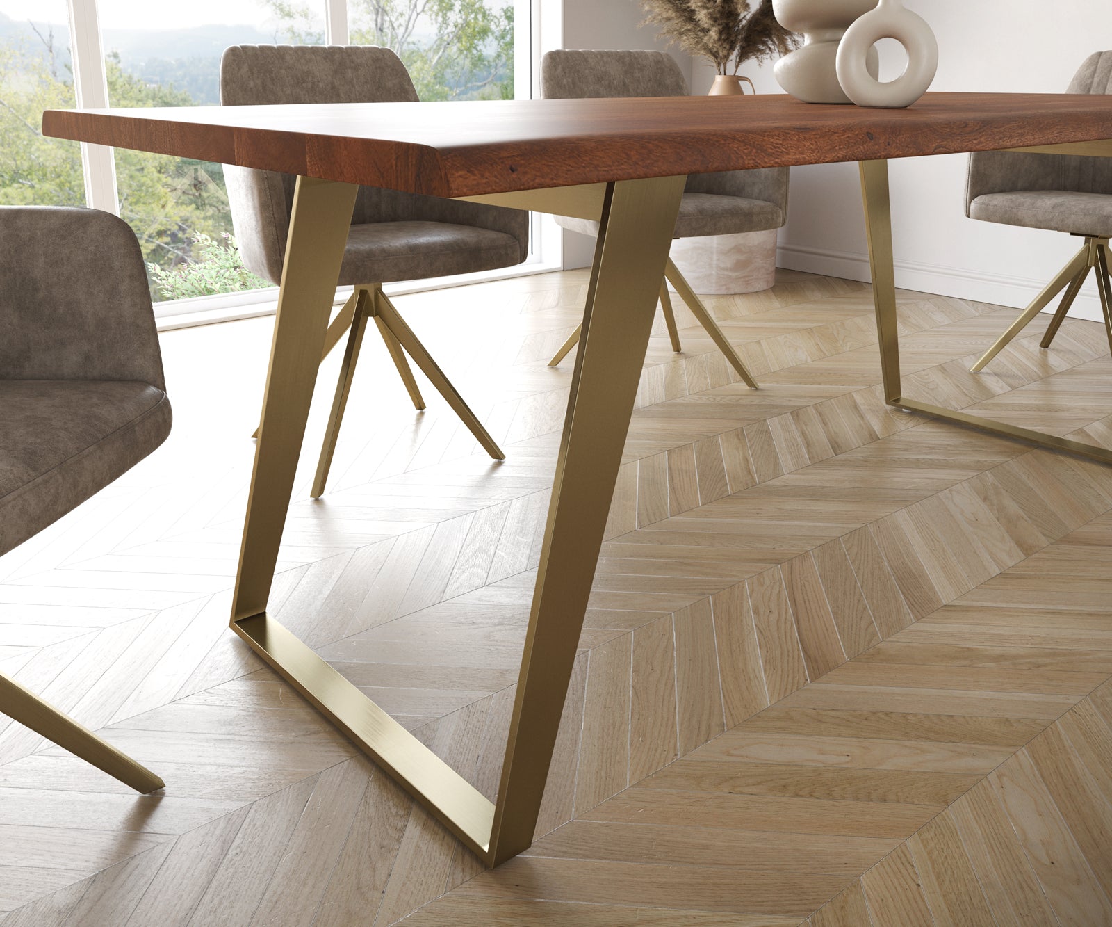 Dining Table Olympus Live Edge 200cm Acacia Wood Brown Slanted Frame Gold 35mm Top