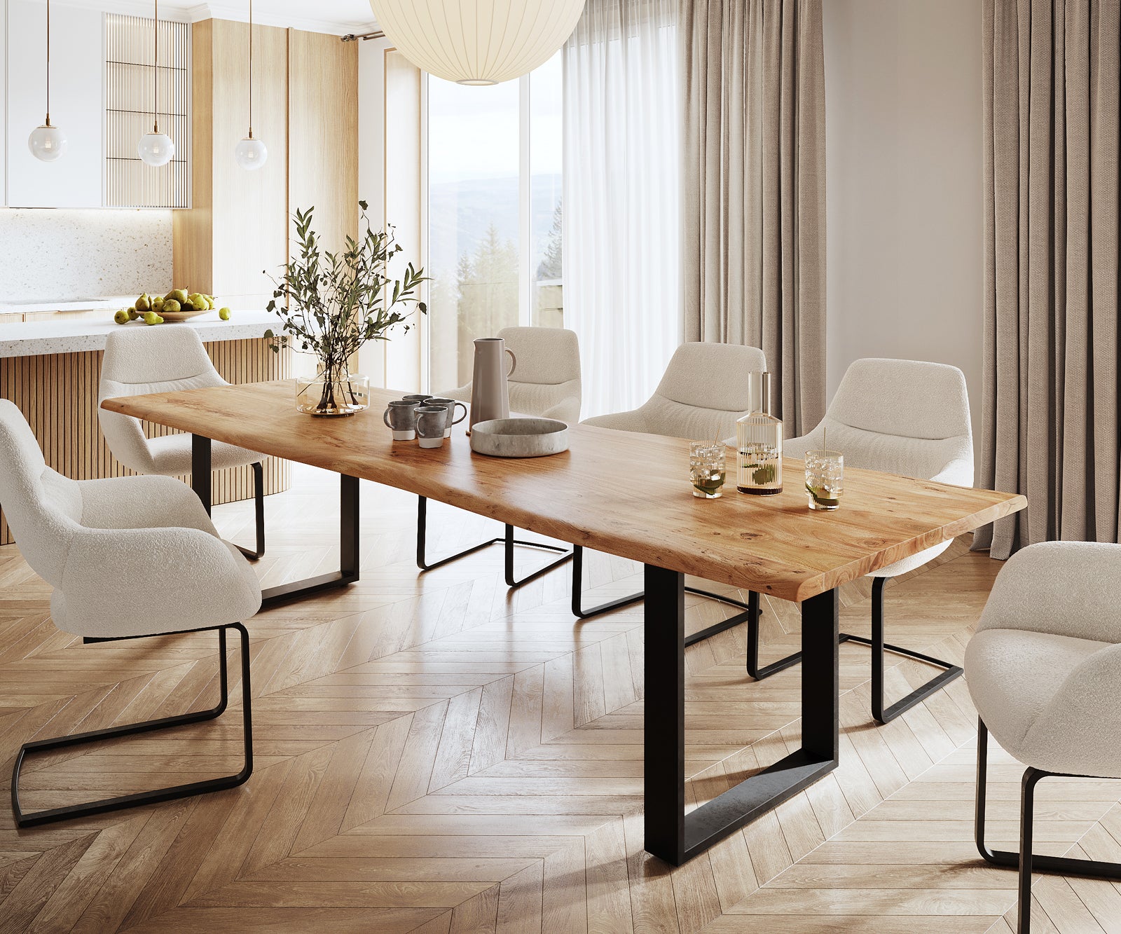 Dining Table Olympus Live Edge Acacia Wood Natural Square Frame Slim Black 140-300cm