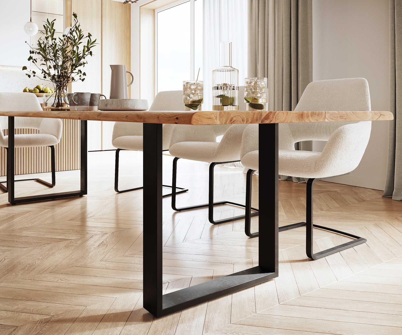 Dining Table Olympus Live Edge 300cm Acacia Wood Natural Square Frame Slim Black 35mm Top