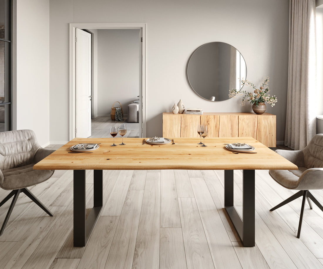 Dining Table Olympus Live Edge 200cm Oak Wood Natural Square Frame Slim Black 32mm Top