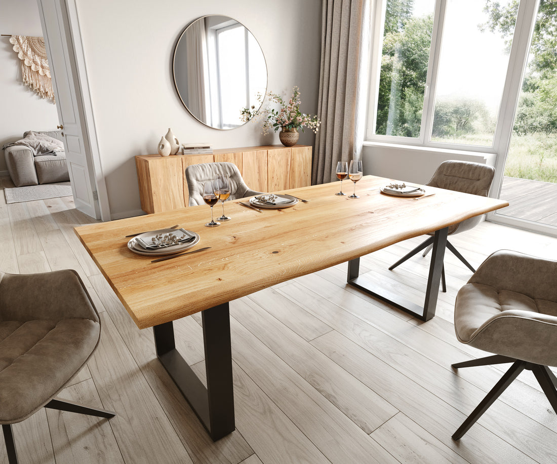 Dining Table Olympus Live Edge 200cm Oak Wood Natural Square Frame Slim Black 32mm Top
