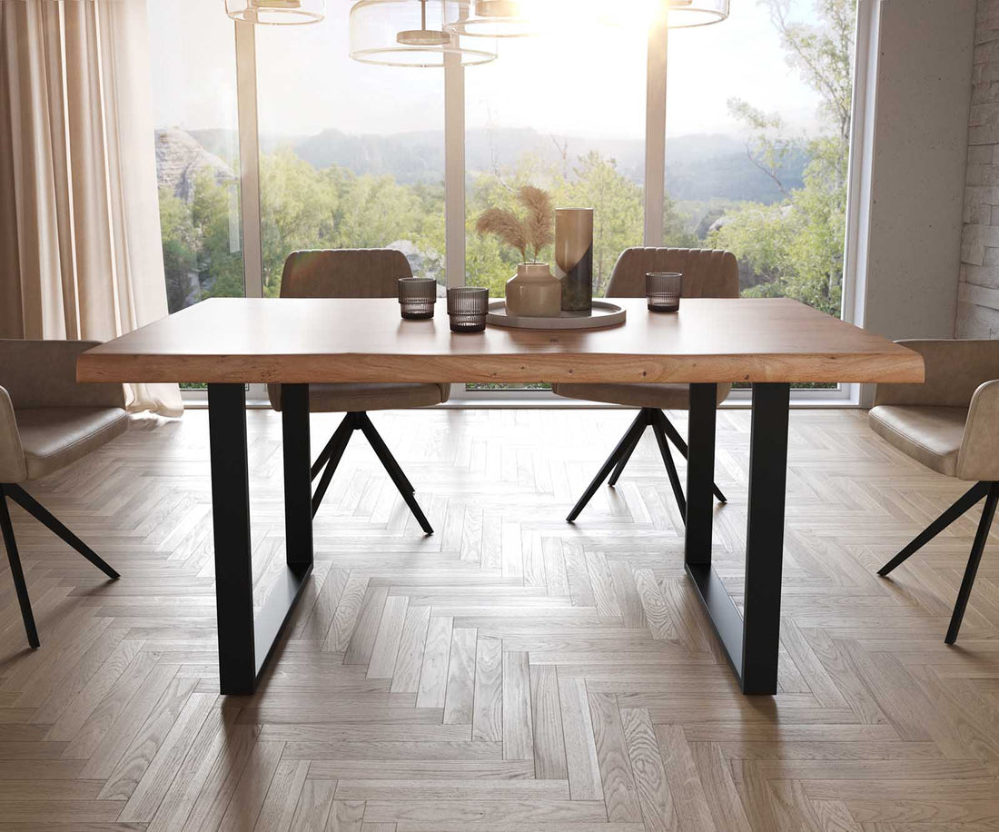 Dining Table Olympus Live Edge 160cm Acacia Wood Natural Square Frame Slim Black 55mm Top