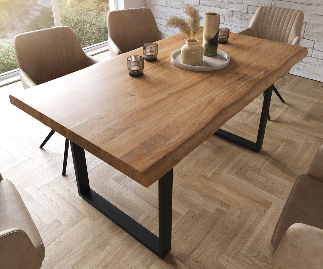 Dining Table Olympus Live Edge 160cm Acacia Wood Natural Square Frame Slim Black 55mm Top