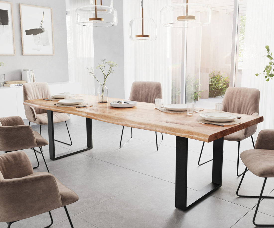 Dining Table Olympus Live Edge 280cm Acacia Wood Natural Square Frame Slim Black 55mm Top