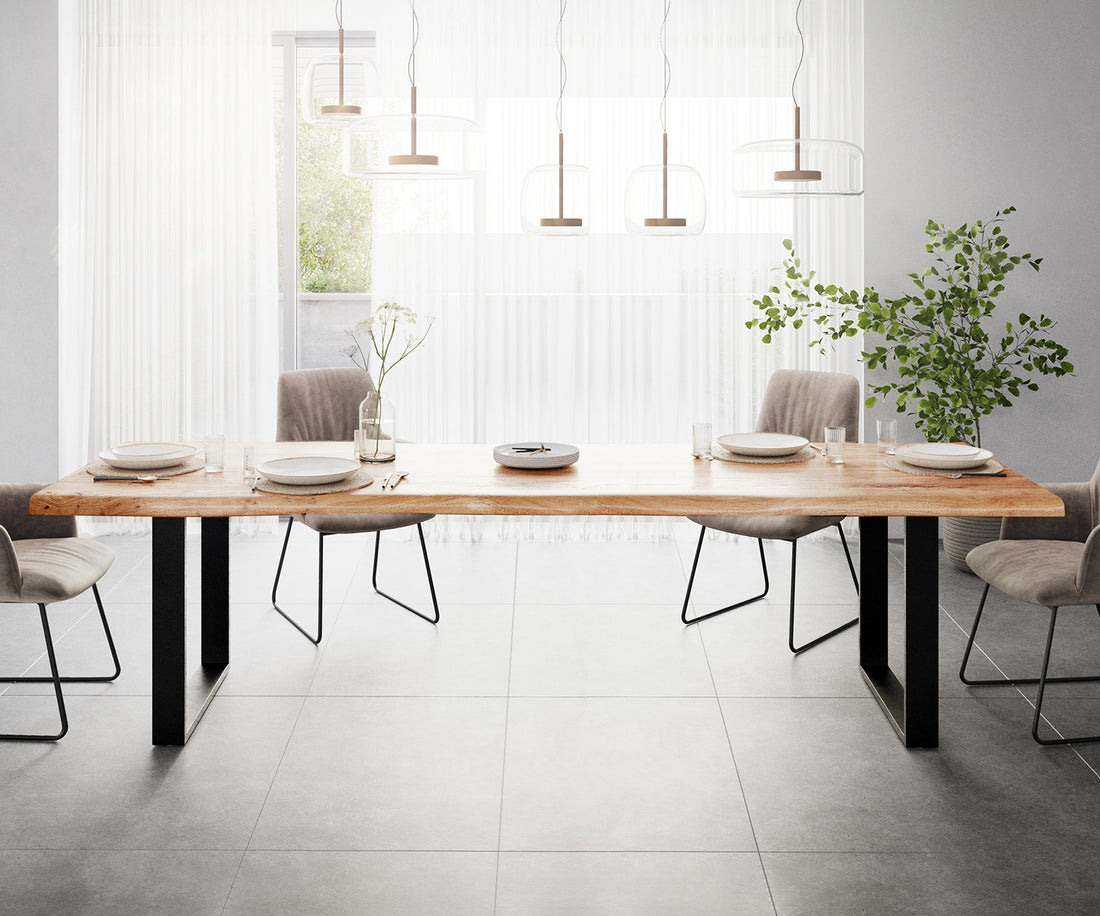 Dining Table Olympus Live Edge 280cm Acacia Wood Natural Square Frame Slim Black 55mm Top