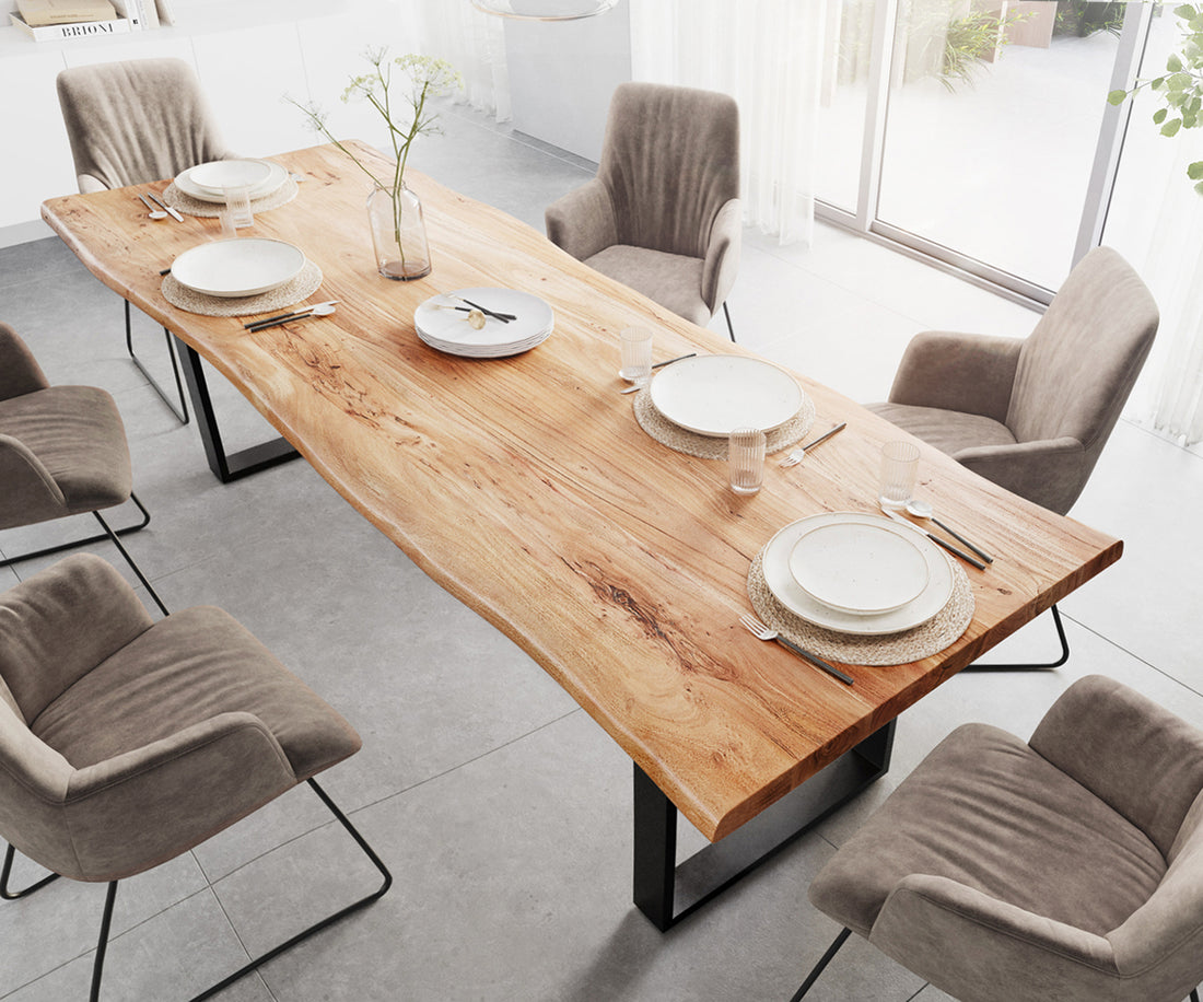 Dining Table Olympus Live Edge 280cm Acacia Wood Natural Square Frame Slim Black 55mm Top