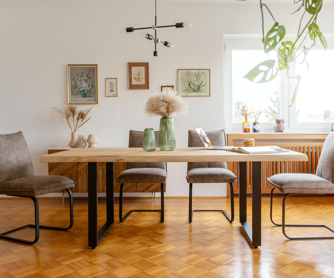 Dining Table Olympus Live Edge 200cm Oak Wood Natural Square Frame Slim Black 50mm Top