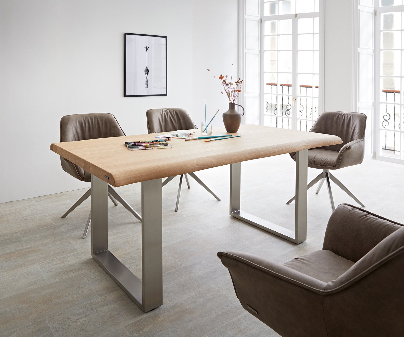Dining Table Olympus Live Edge Oak Wood Natural Square Frame Slim Steel 160-300cm
