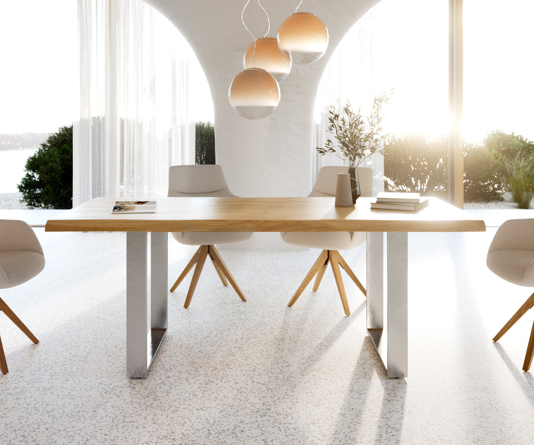 Dining Table Olympus Live Edge 200cm Oak Wood Natural Square Frame Slim Steel 50mm Top
