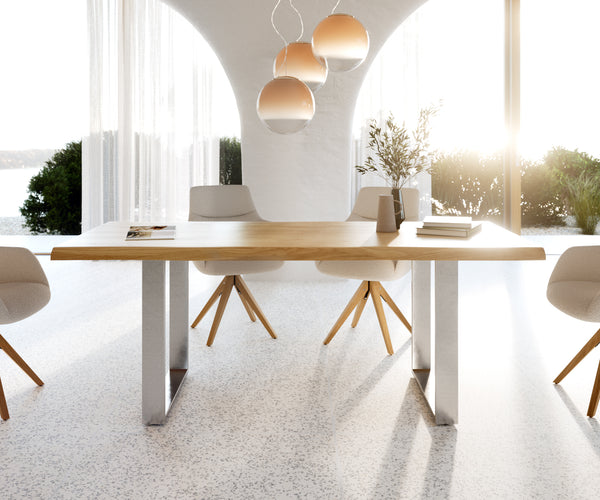 Dining Table Olympus Live Edge 200cm Oak Wood Natural Square Frame Slim Steel 50mm Top
