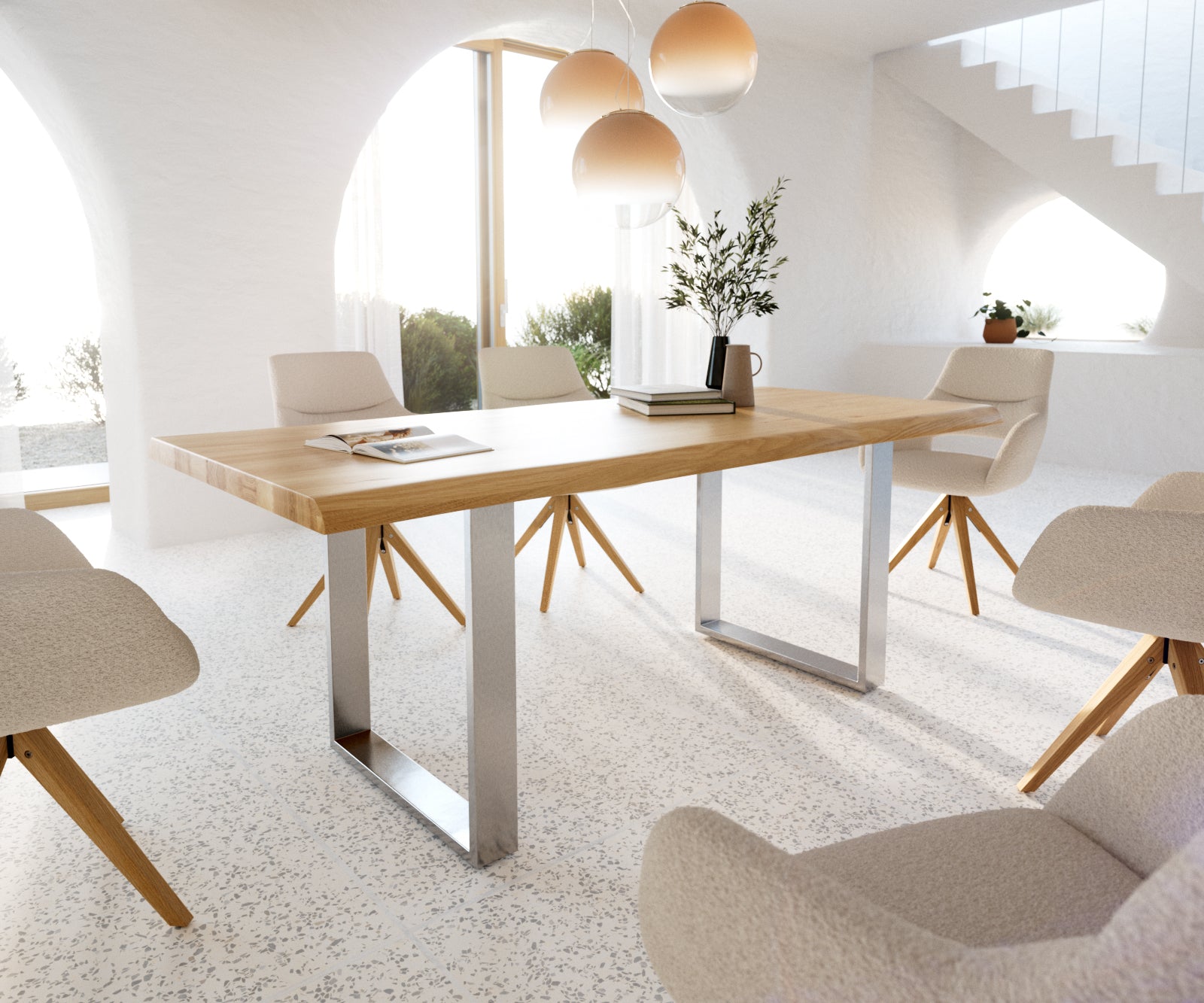 Dining Table Olympus Live Edge Oak Wood Natural Square Frame Slim Steel 160-300cm