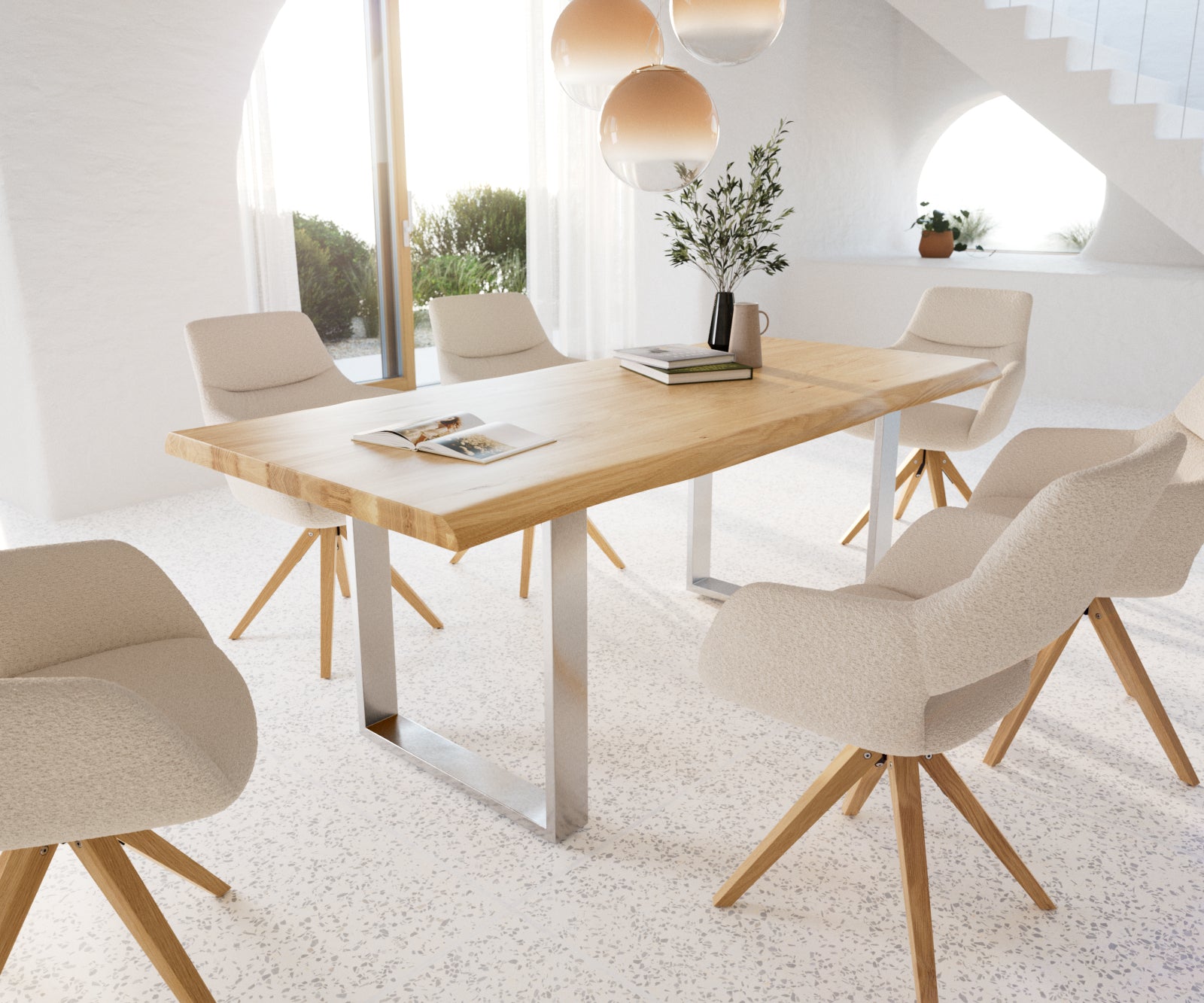 Dining Table Olympus Live Edge 200cm Oak Wood Natural Square Frame Slim Steel 50mm Top