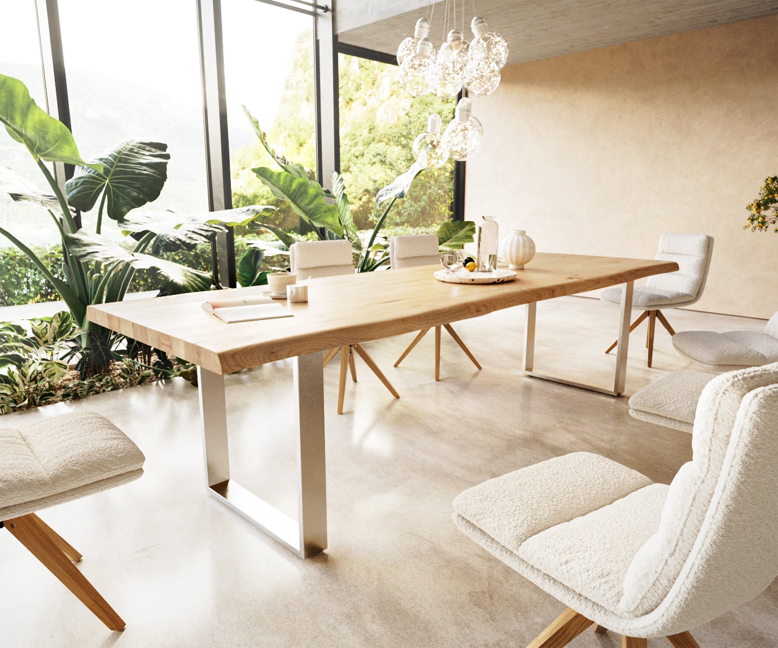 Dining Table Olympus Live Edge Oak Wood Natural Square Frame Slim Steel 160-300cm