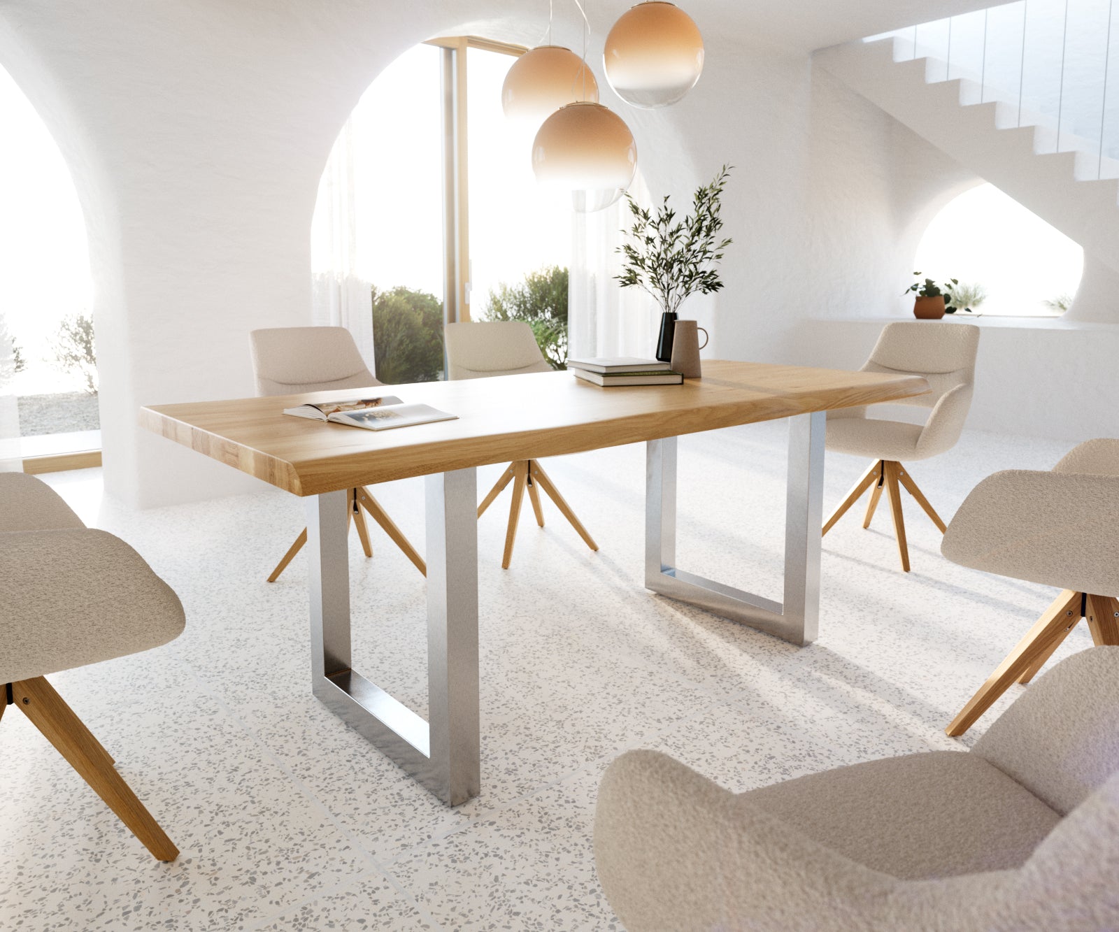 Dining Table Olympus Live Edge Oak Wood Natural Square Frame Steel 160-300cm