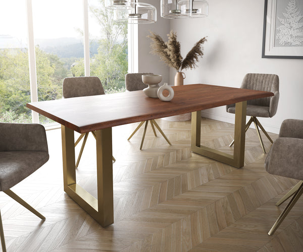 Dining Table Olympus Live Edge Acacia Wood Brown Square Frame Gold 200cm