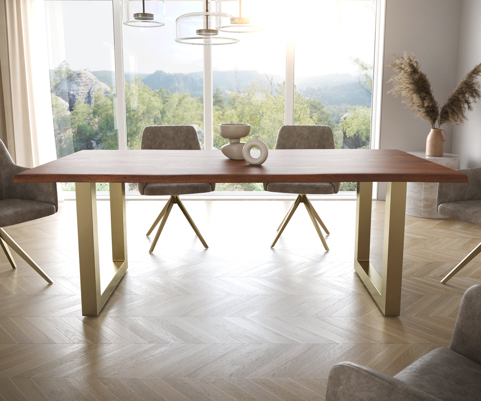 Dining Table Olympus Live Edge 200cm Acacia Wood Brown Square Frame Gold 35mm Top