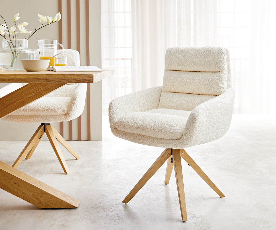Dining Chair Abelia Bouclé White Cross Angular Base Wooden 180° Swivel