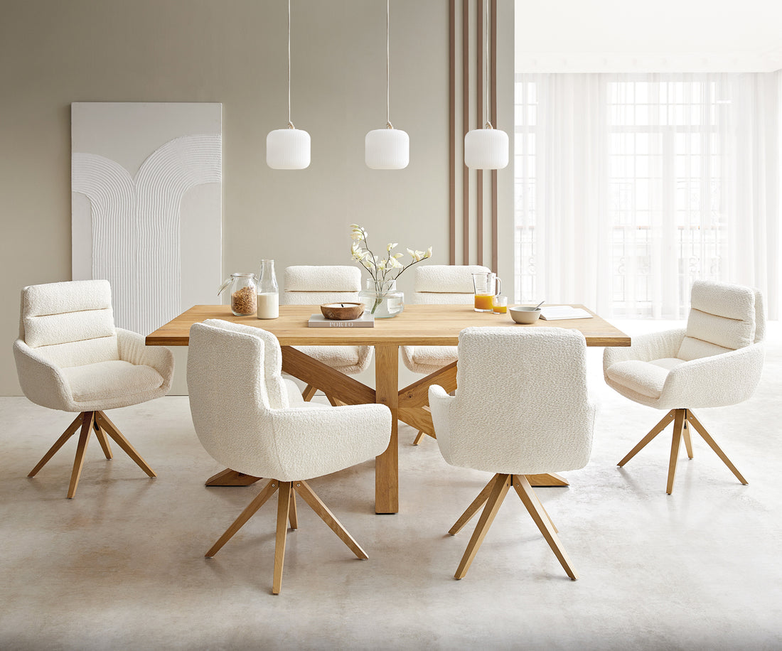 Dining Chair Abelia Bouclé White Cross Angular Base Wooden 180° Swivel