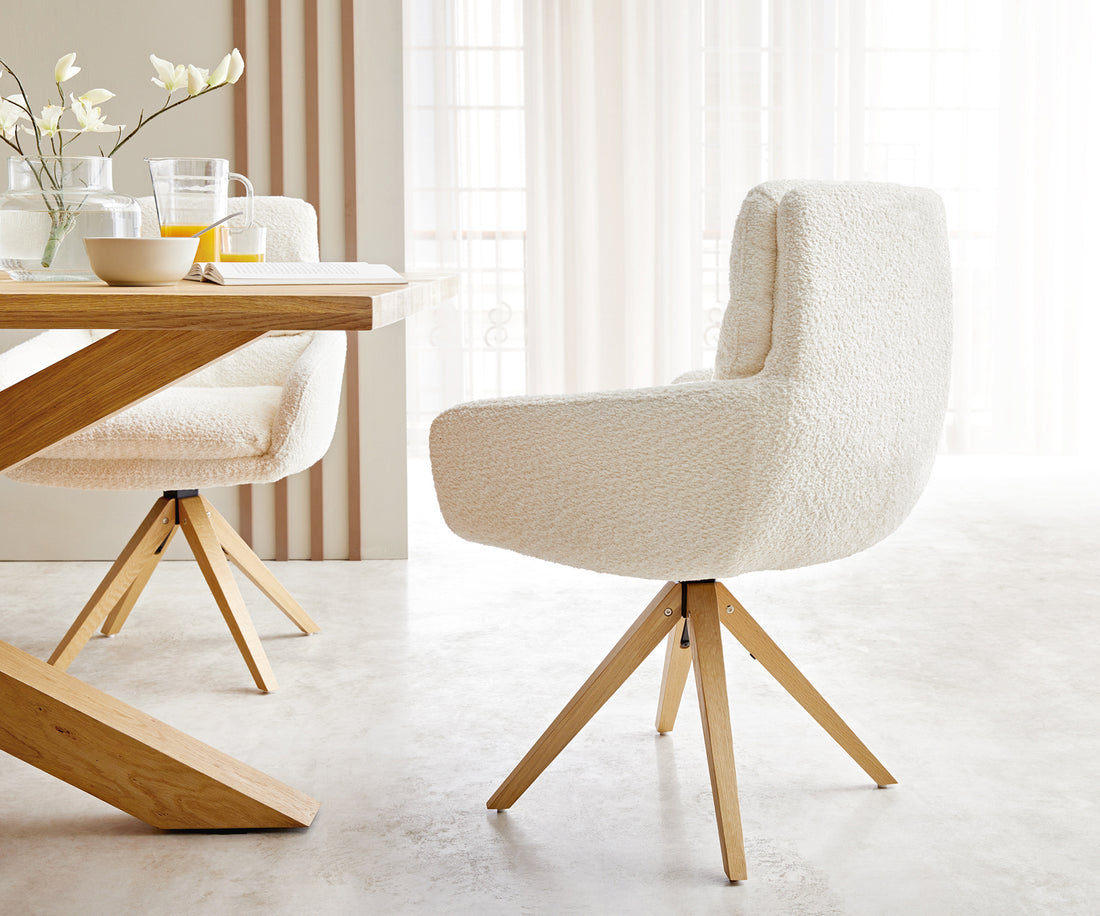 Dining Chair Abelia Bouclé White Cross Angular Base Wooden 180° Swivel