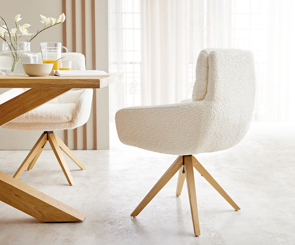 Dining Chair Abelia Bouclé White Cross Angular Base Wooden 180° Swivel