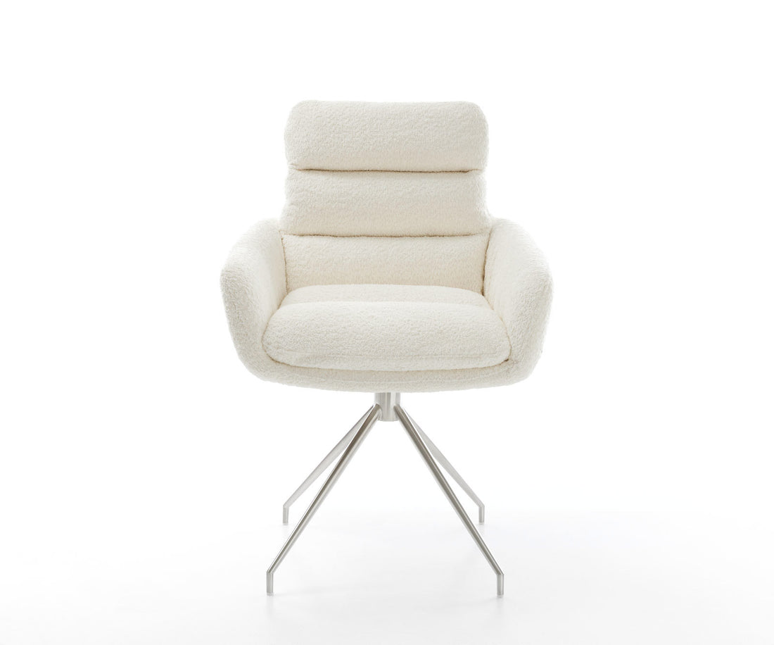 Dining Chair Abelia Bouclé White Cross Conical Base Silver 180° Swivel