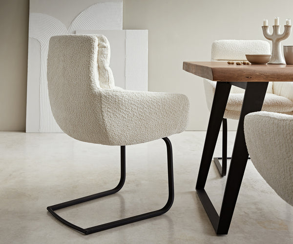 Dining Chair Abelia Bouclé White Cantilever Flat Base Black