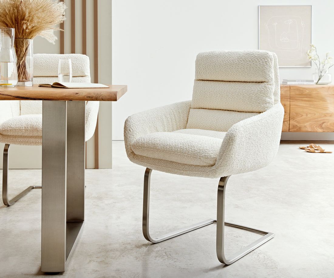 Dining Chair Abelia Bouclé White Cantilever Flat Base Silver