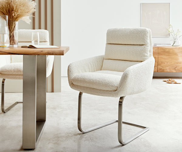 Dining Chair Abelia Bouclé White Cantilever Flat Base Silver