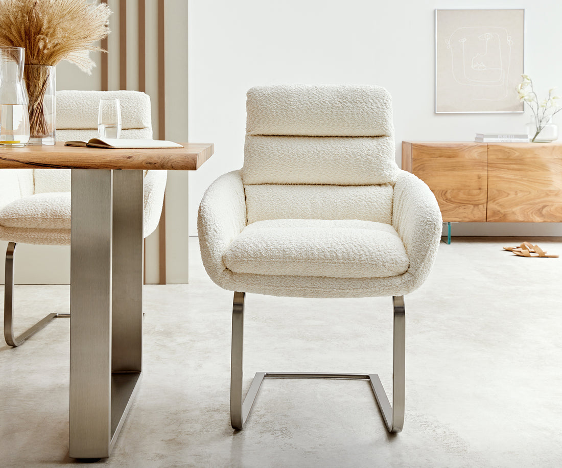 Dining Chair Abelia Bouclé White Cantilever Flat Base Silver