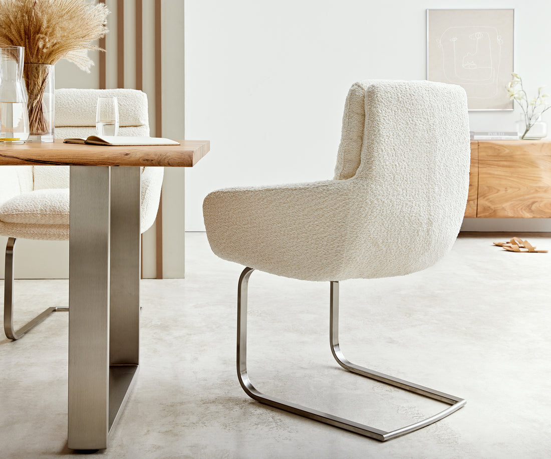 Dining Chair Abelia Bouclé White Cantilever Flat Base Silver