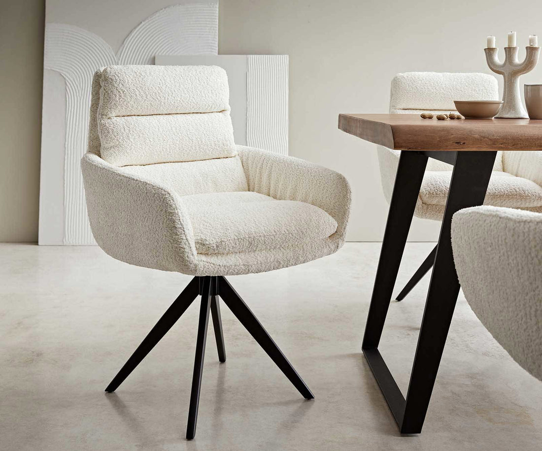 Dining Chair Abelia Bouclé White Cross Angular Base Black 180° Swivel
