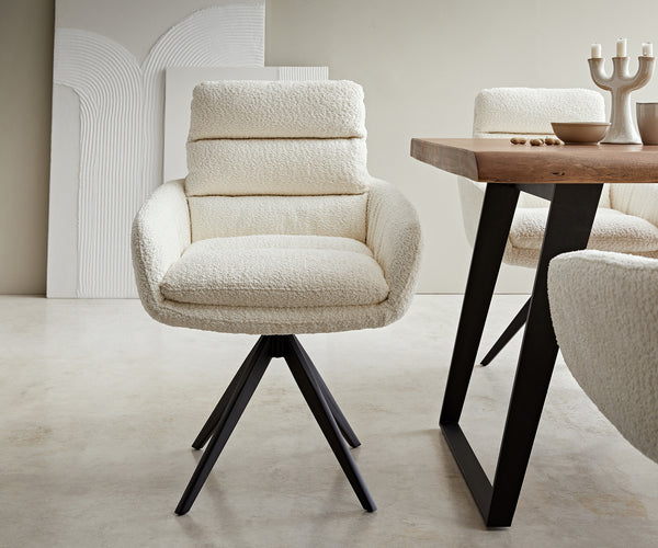 Dining Chair Abelia Bouclé White Cross Angular Base Black 180° Swivel