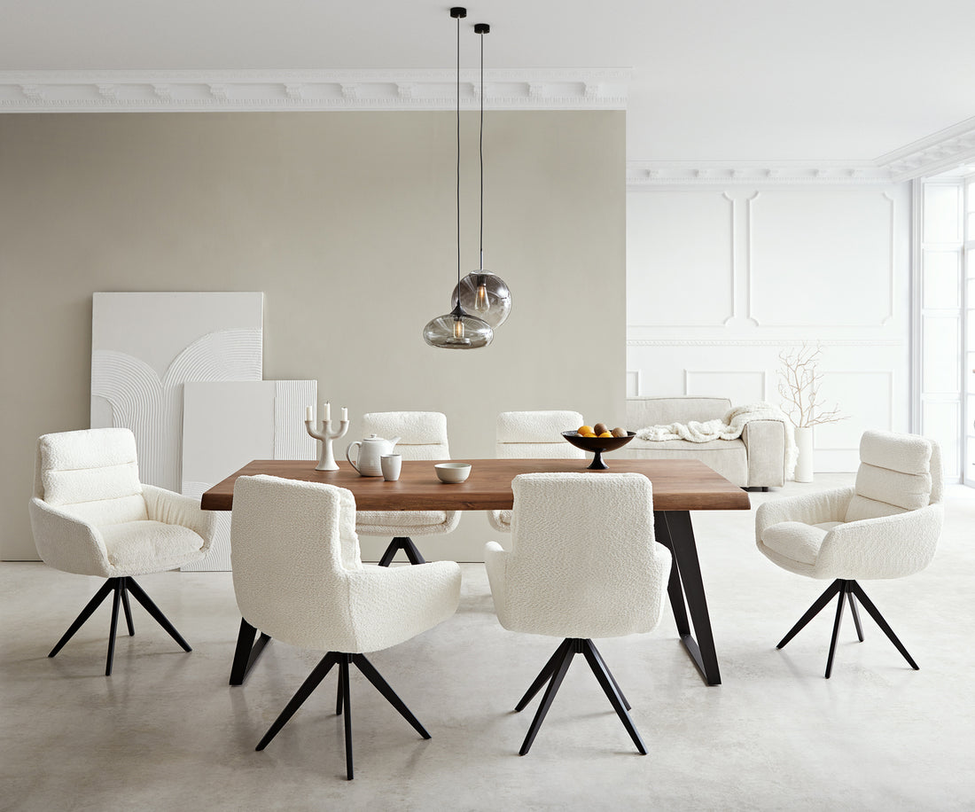 Dining Chair Abelia Bouclé White Cross Angular Base Black 180° Swivel