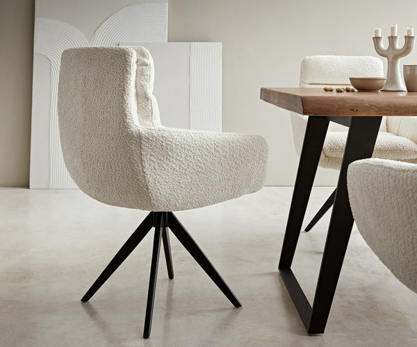 Dining Chair Abelia Bouclé White Cross Angular Base Black 180° Swivel