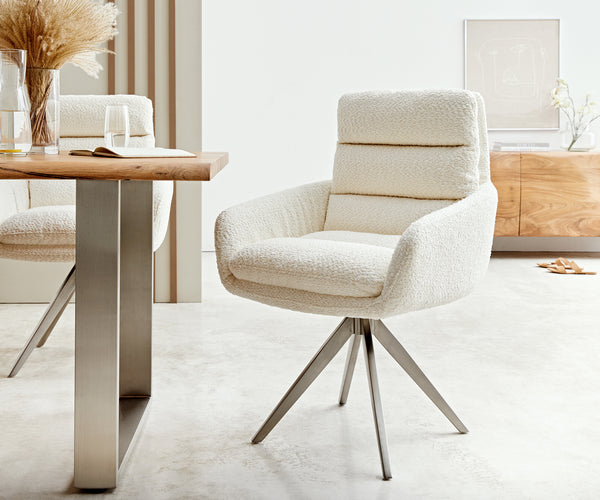Dining Chair Abelia Bouclé White Cross Angular Base Silver 180° Swivel