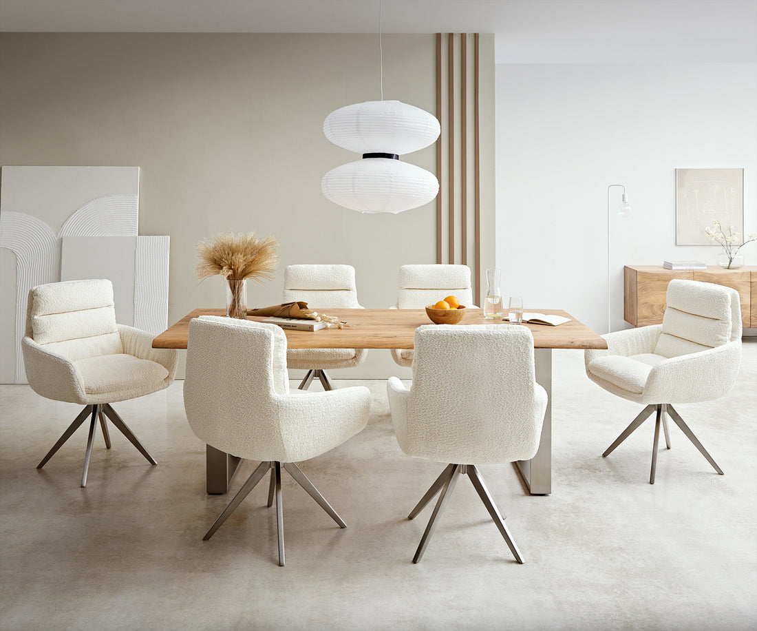 Dining Chair Abelia Bouclé White Cross Angular Base Silver 180° Swivel